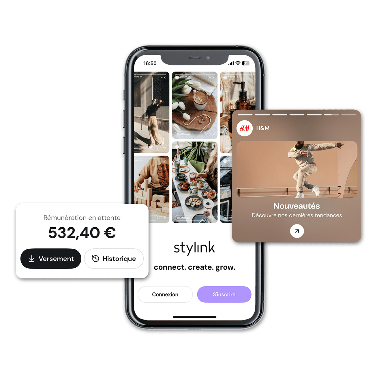 Maquette d'un smartphone affichant l'application Stylink avec le texte 